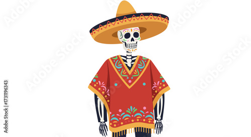 Skeleton wearing a sombrero  colorful poncho Day of the Dead figure