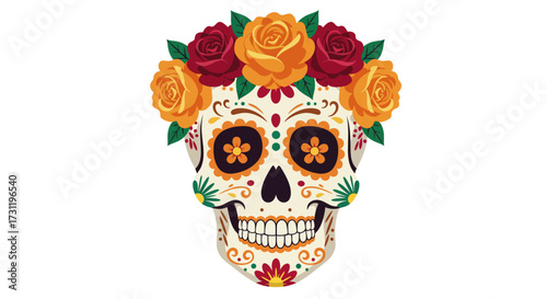 Skull adorned with roses featuring intricate floral patterns celebrates Dia de los Muertos