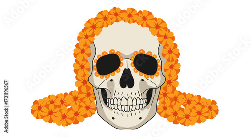 Skull adorned with marigold flowers around the head and eyes