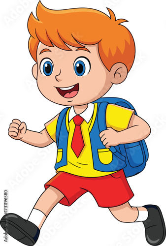 Happy cartoon schoolboy running with backpack, cheerful student in uniform, joyful child heading to class, vibrant education illustration for ads and learning materials