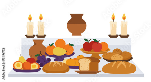 Still life of fruit bread vases  candles on a twotiered shelf against a white background