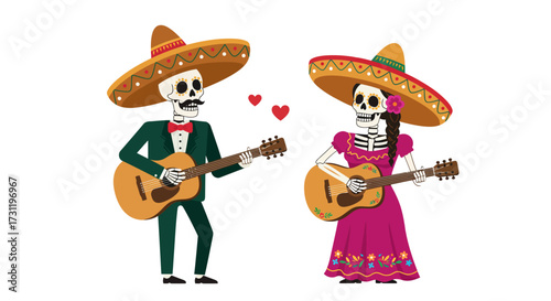 Two skeletons in a mariachi band playing guitars in a Dia de Muertos celebration