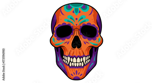 Vivid sugar skull with floral accents orange purple teal and white details on a clear background