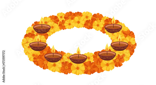 Wreath of marigolds and diyas brown bowls with lit flames in a floral arrangement