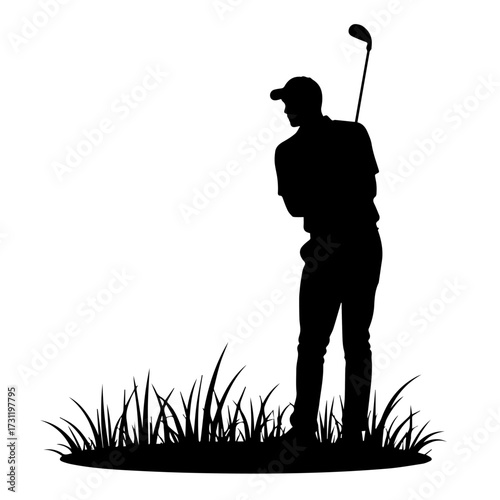 silhouette of a golf player, silhouette, golf, sunset, sport, golfer, vector, sky, woman, swing, illustration, boy, sword, sun, black, grass, people, men, fitness, green, club, playing