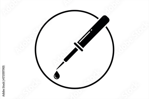 Black pipette dropping liquid into circle icon on white background dropper science