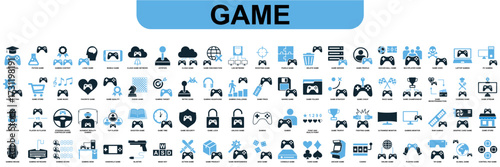 Set of gaming icon vector. Ideal for games, apps, and entertainment themes. A collection of simple, clear symbols representing various gaming functions.