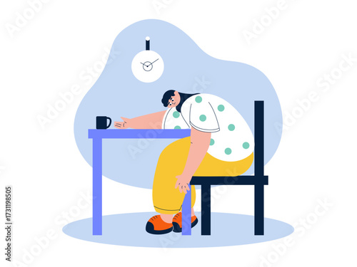 Sitting with the body position hunched over the table with one hand as a headrest. Laziness illustration. Flat vector illustration.