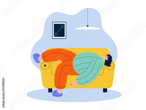 Sleeping on the sofa in a makeshift position. Laziness illustration. Flat vector illustration.