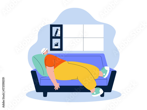 Sleeping on the sofa without removing the hat worn. Laziness illustration. Flat vector illustration.