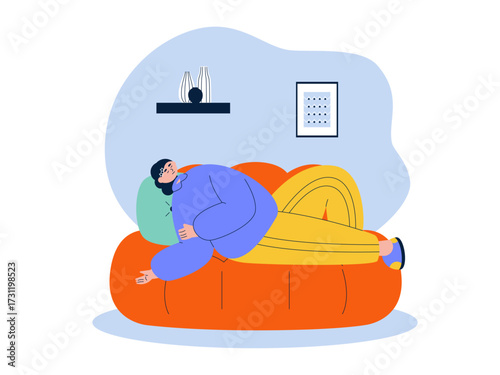 Woman lying all day in a lazy position. Laziness illustration. Flat vector illustration.