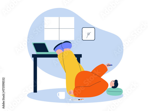 Lazy lying on the floor not tidying up the mess. Laziness illustration. Flat vector illustration.