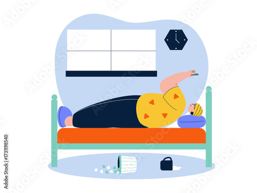 Messy food and drinks but playing smartphone casually. Laziness illustration. Flat vector illustration.