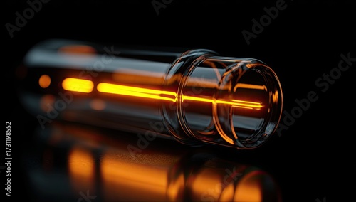 Glowing orange line inside a clear glass tube on a dark reflective surface
