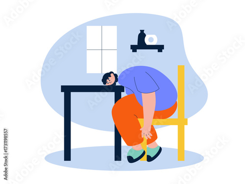 Daydreaming leaning on the table without doing anything. Laziness illustration. Flat vector illustration.