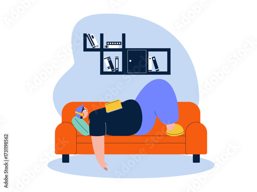 Sleep carelessly without turning off the music you're listening to. Laziness illustration. Flat vector illustration.