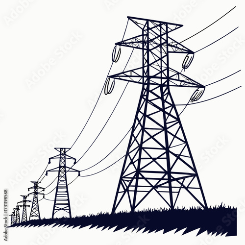 A line of tall dark electricity pylons with power lines stretching across a white background with grass silhouette