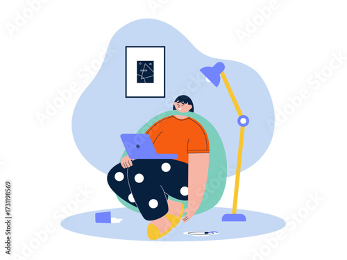 Woman falling asleep while sitting while playing laptop,. Laziness illustration. Flat vector illustration.