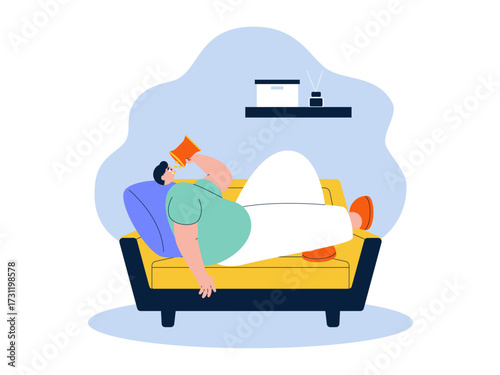 Eating while lying down. Laziness illustration. Flat vector illustration.
