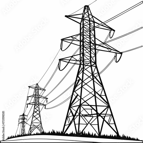 A row of imposing electricity pylons with power lines stretching across a white background