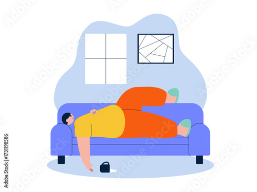 Lazily lying down without cleaning up spilled drinks. Laziness illustration. Flat vector illustration.