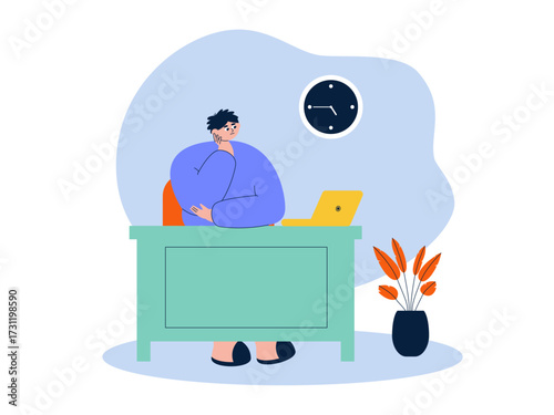 Young man lazy doing your own work. Laziness illustration. Flat vector illustration.