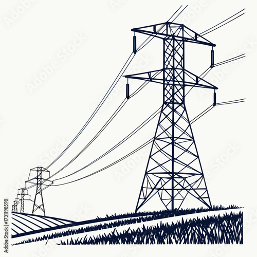 A row of electricity pylons and power lines stretching across a grassy landscape under a white sky