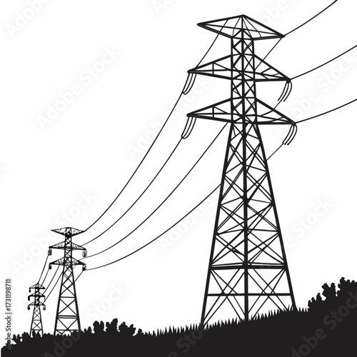 A row of imposing electricity pylons with power lines stretching across a white background over silhouetted landscape