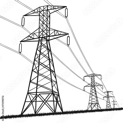 A row of tall electricity pylons with power lines stretching across a clear sky and grassy foreground