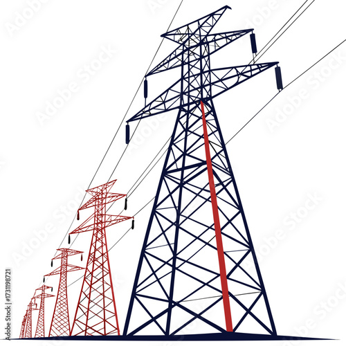 A row of towering electricity pylons with power lines stretching across a white background