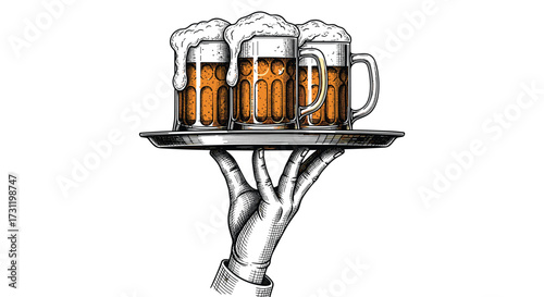 Three frothy mugs of beer served on a silver tray by a hand.