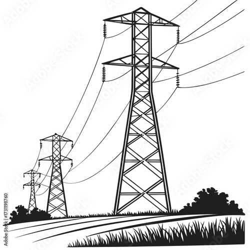 Black and white illustration of towering electricity pylons carrying power lines across a grassy landscape