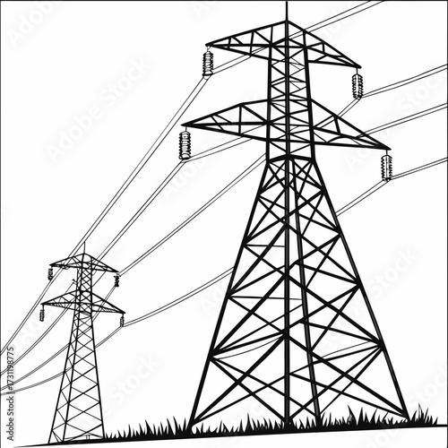 Black and white illustration of two tall electricity pylons with power lines stretching across a clear sky