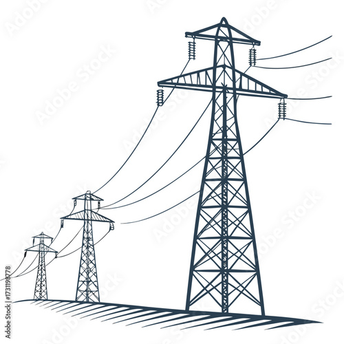 Graphic illustration of three tall power line towers connected by electrical wires against a white background
