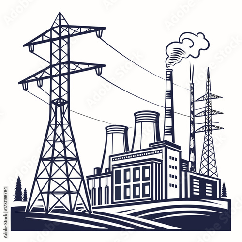 Industrial power plant with cooling towers and electricity transmission towers generating energy and distributing power