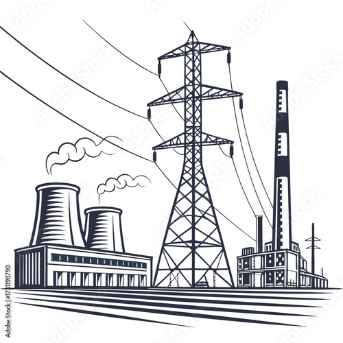 Industrial power plant with cooling towers and a tall smokestack connected to a high voltage electricity pylon