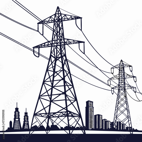 Silhouette of towering electricity pylons carrying power lines across a city skyline at dusk