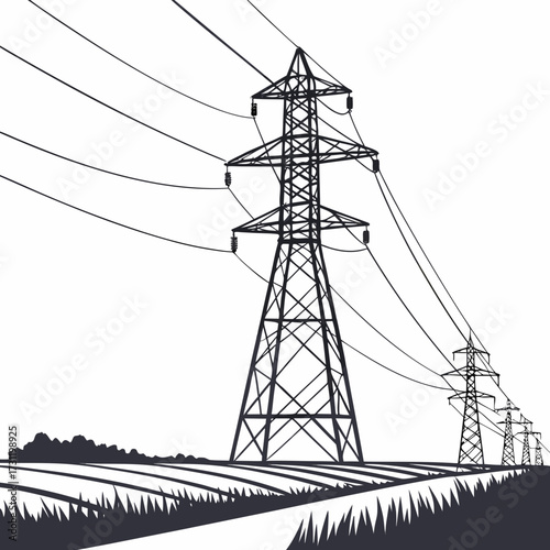 Silhouette of towering electricity pylons carrying power lines across a rural landscape with fields and trees
