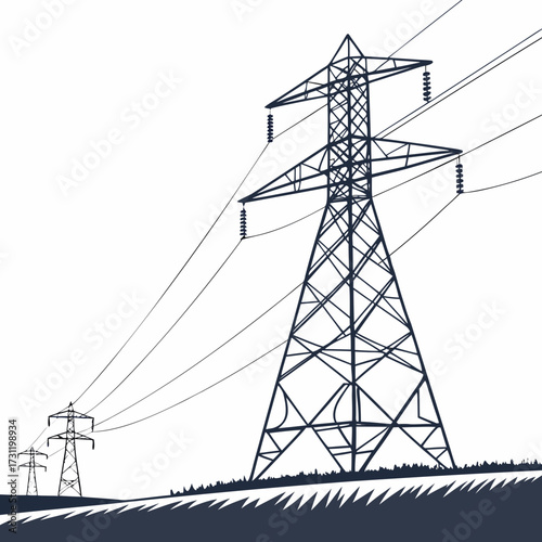 Silhouette of towering high voltage electricity pylons and power lines stretching across a landscape with grass