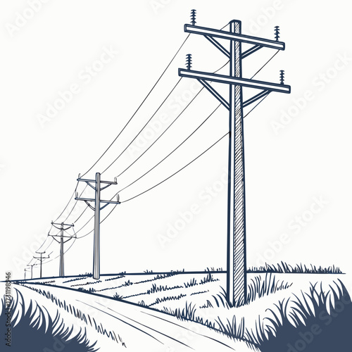Sketch of a row of utility poles with electrical wires stretching across a grassy landscape