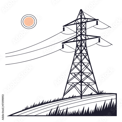 Stylized illustration of a tall electricity pylon standing on a grassy hill under a simple sun