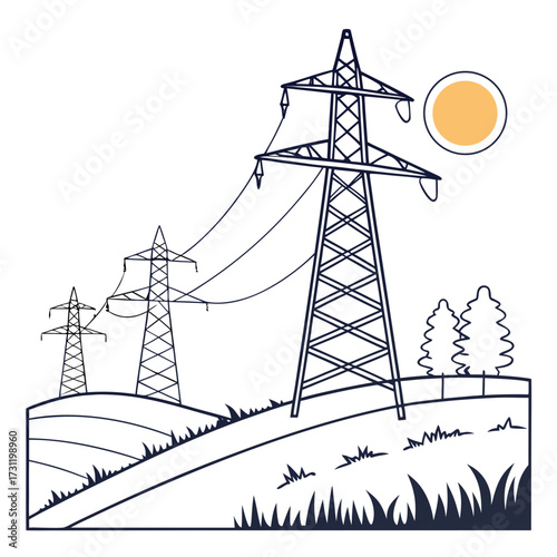 Stylized illustration of electricity pylons and power lines stretching across a rolling landscape under a sun