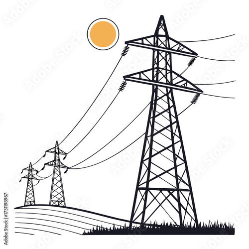 Stylized illustration of power transmission towers carrying electricity across a landscape under a bright sun