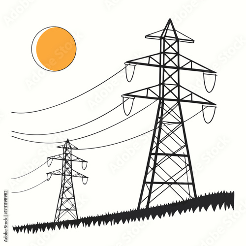 Stylized illustration of two black electricity pylons standing on a grassy hill under a bright orange sun