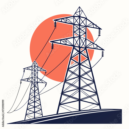Stylized illustration of two towering electricity pylons against a large orange sun and a minimalist landscape