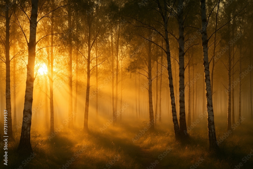 Fototapeta premium A radiant sunrise pierces through the misty forest, illuminating the trees with golden light.