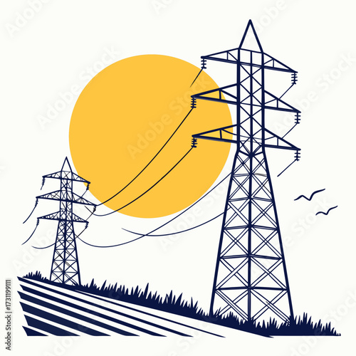 Two tall electricity pylons stand in a grassy field under a large yellow sun with two birds flying