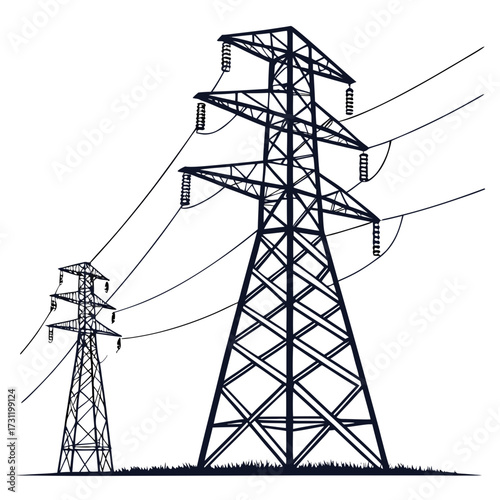Two towering dark silhouette electricity pylons supporting high voltage power lines against a clean white background
