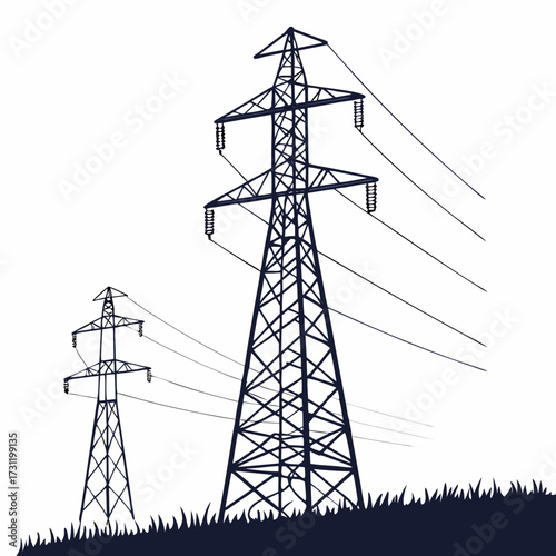 Two tall electricity pylons with power lines stretching across a white background with grass silhouette
