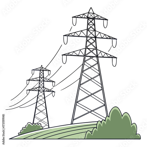 Two towering electricity pylons stand tall in a stylized landscape with green rolling hills and bushes